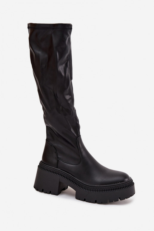 Bottes hautes pour femmes sur des talons épais et une plateforme, à enfiler, noires Florinne