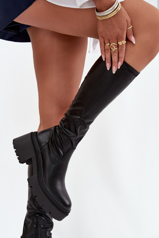 Bottes hautes pour femmes sur des talons épais et une plateforme, à enfiler, noires Florinne