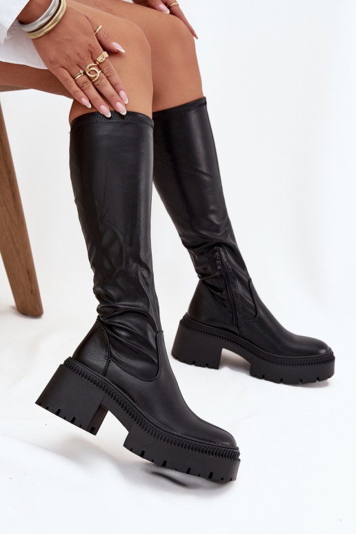 Bottes hautes pour femmes sur des talons épais et une plateforme, à enfiler, noires Florinne