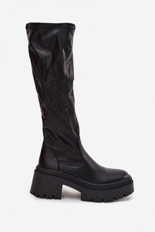 Bottes hautes pour femmes sur des talons épais et une plateforme, à enfiler, noires Florinne