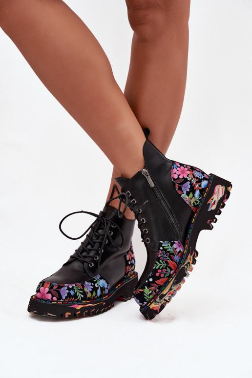 Bottines en cuir noires pour femmes chaudes avec fleurs Artiker 57C0180