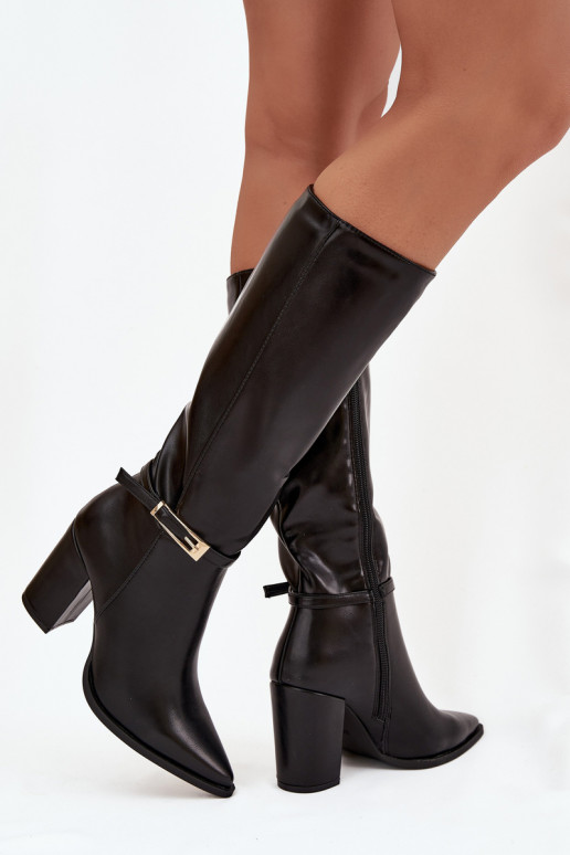 Bottes hautes isolées pour femmes noires avec talons et boucles Cirella