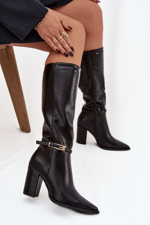 Bottes hautes isolées pour femmes noires avec talons et boucles Cirella