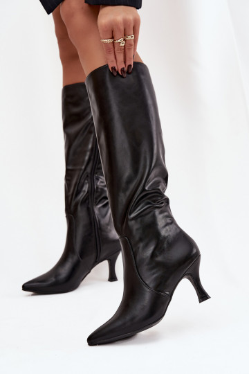 Bottes hautes noires pour femmes avec talons fins en simili cuir Karella