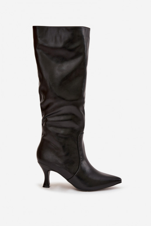 Bottes hautes noires pour femmes avec talons fins en simili cuir Karella