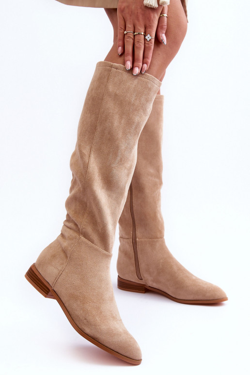 Bottes en daim hautes avec talons larges couleur sable Eelin