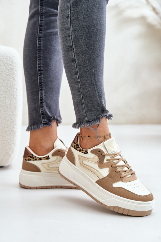 Baskets pour femmes en cuir synthétique avec plateforme et motifs léopard couleur sable Henizore