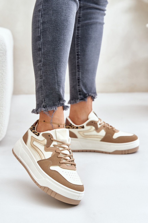 Baskets pour femmes en cuir synthétique avec plateforme et motifs léopard couleur sable Henizore