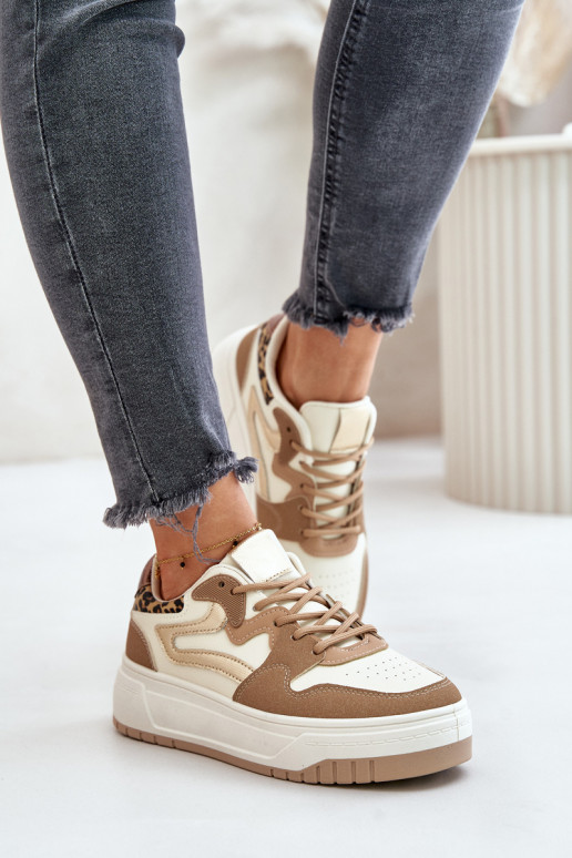 Baskets pour femmes en cuir synthétique avec plateforme et motifs léopard couleur sable Henizore