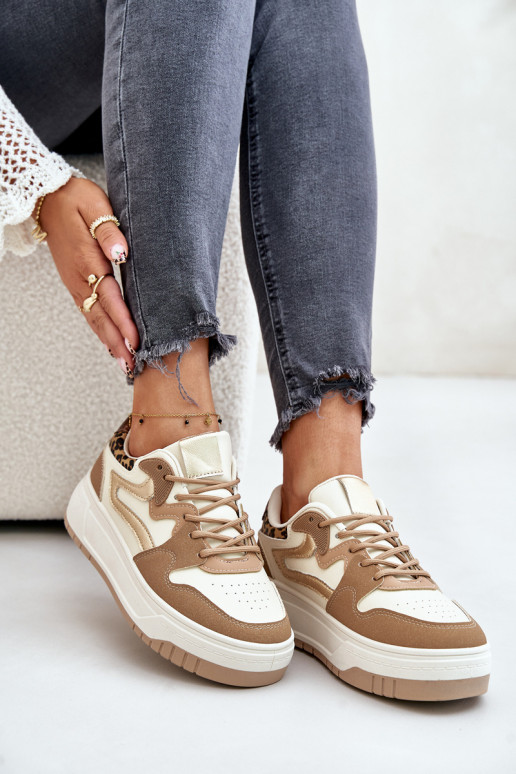 Baskets pour femmes en cuir synthétique avec plateforme et motifs léopard couleur sable Henizore