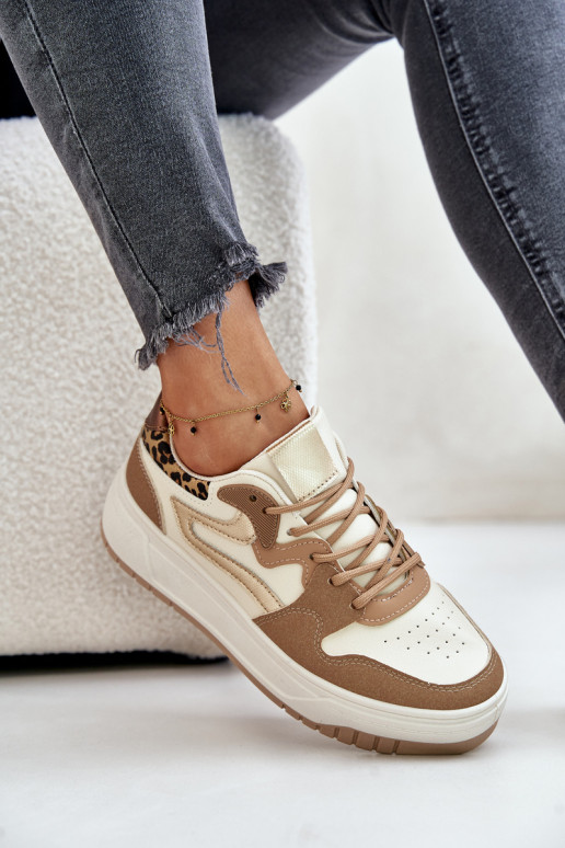 Baskets pour femmes en cuir synthétique avec plateforme et motifs léopard couleur sable Henizore