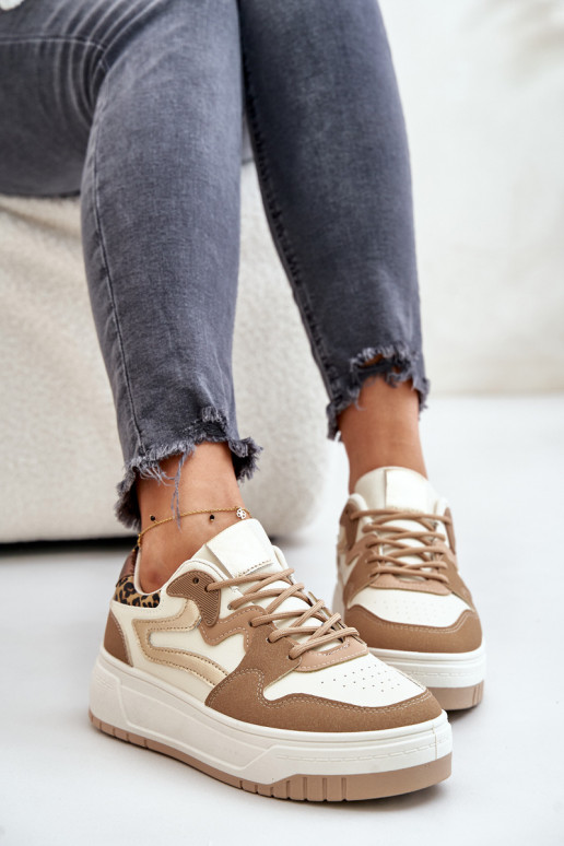 Baskets pour femmes en cuir synthétique avec plateforme et motifs léopard couleur sable Henizore