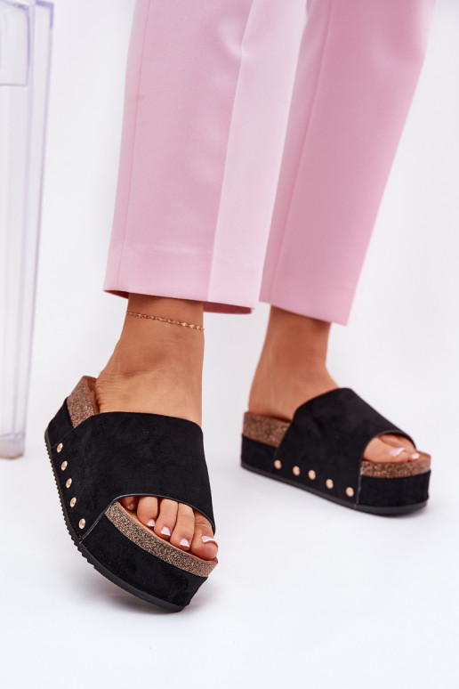 Chaussons pour femmes avec plateforme en daim synthétique noir Vinnibe