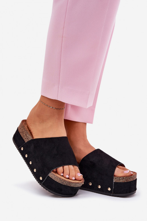 Chaussons pour femmes avec plateforme en daim synthétique noir Vinnibe