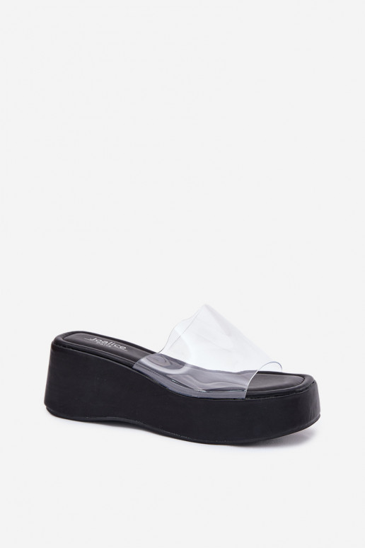 Chaussons pour femmes noires avec des lanières transparentes sur la plateforme Meltiana