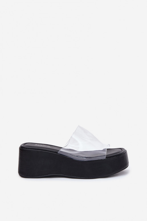Chaussons pour femmes noires avec des lanières transparentes sur la plateforme Meltiana
