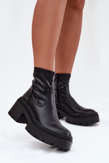Bottines pour femmes sur talons épais et plateforme en simili cuir noir Elvianne 2