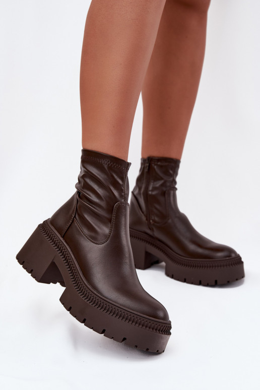 Bottines pour femmes sur talons épais et plateforme en simili cuir marron Elvianne