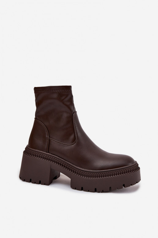 Bottines pour femmes sur talons épais et plateforme en simili cuir marron Elvianne