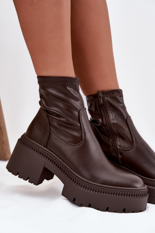 Bottines pour femmes sur talons épais et plateforme en simili cuir marron Elvianne