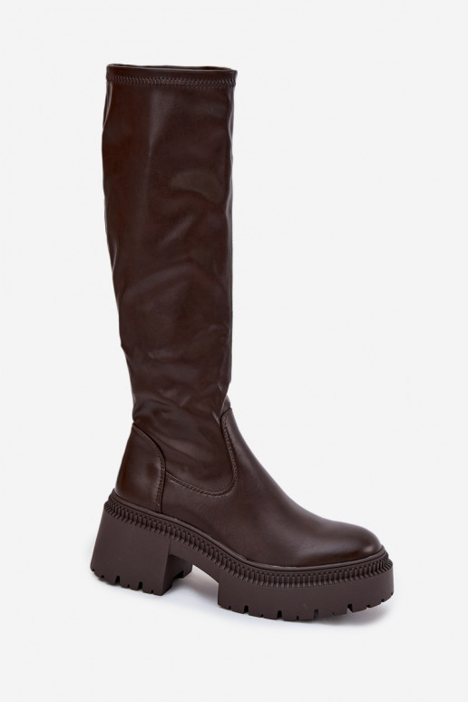 Bottes hautes pour femmes sur talons épais et plateforme en brun Florinne