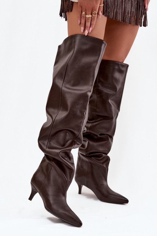 Bottes hautes pour femmes à enfiler avec talons fins en chocolat Ysolienne