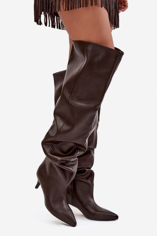 Bottes hautes pour femmes à enfiler avec talons fins en chocolat Ysolienne
