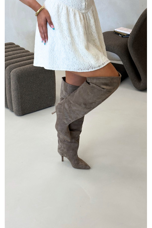 Bottes hautes à enfiler pour femmes avec talons fins couleur kaki Corly
