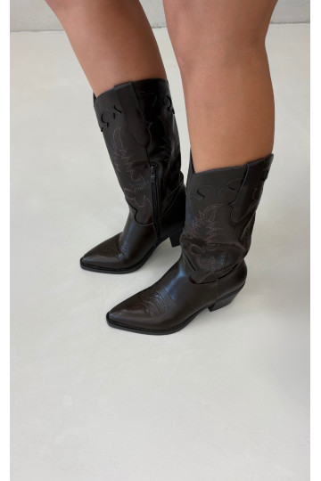 Bottes hautes de style cowboy avec talons en cuir synthétique chocolat Jarissa
