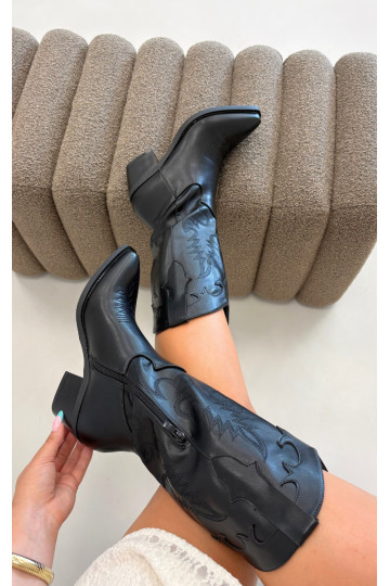Bottes hautes de style cowboy avec talons en cuir synthétique noir Jarissa