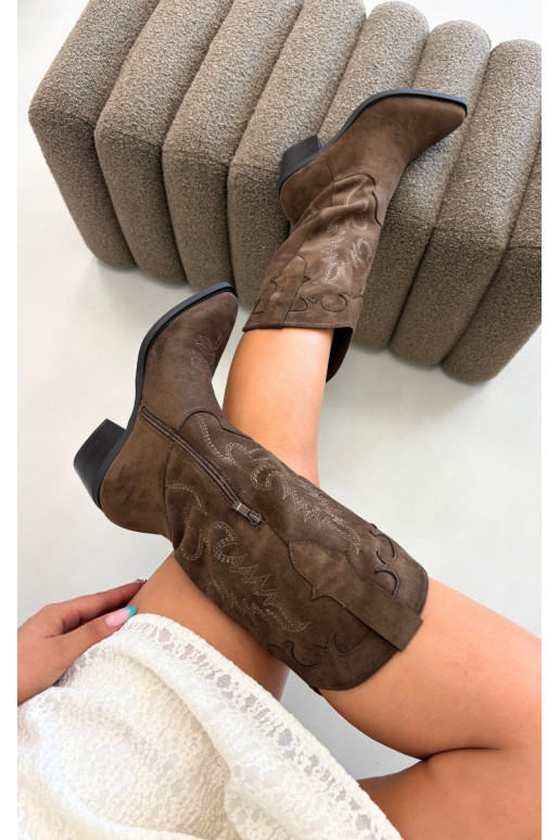 Bottes hautes de style cowboy avec talons en daim synthétique marron Jarissa