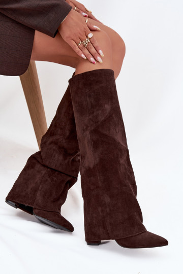 Bottes hautes femmes doublées avec inserts et talons en faux daim chocolat Elivira