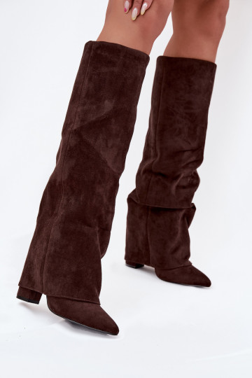 Bottes hautes femmes doublées avec inserts et talons en faux daim chocolat Elivira 2