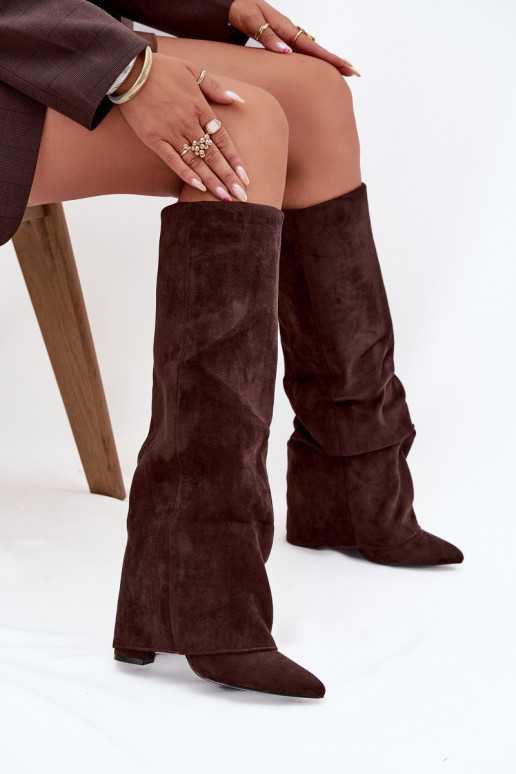 Bottes hautes femmes doublées avec inserts et talons en faux daim chocolat Elivira