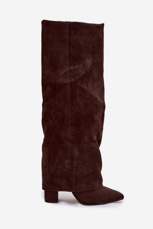 Bottes hautes femmes doublées avec inserts et talons en faux daim chocolat Elivira