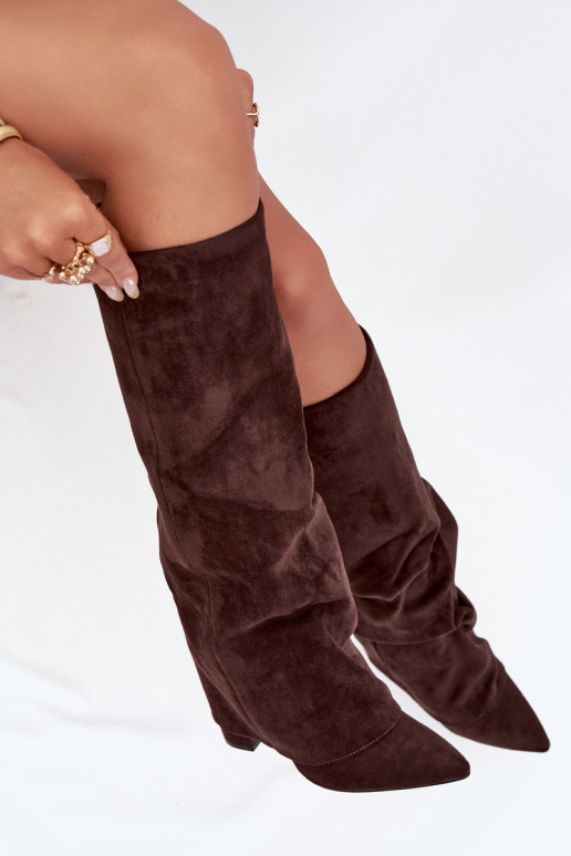 Bottes hautes femmes doublées avec inserts et talons en faux daim chocolat Elivira