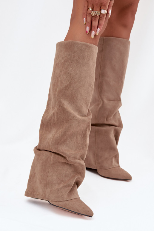 Bottes hautes femmes doublées avec inserts et talons en faux daim sable Elivira