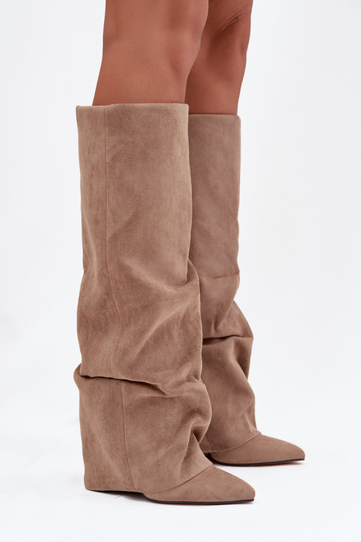 Bottes hautes femmes doublées avec inserts et talons en faux daim sable Elivira