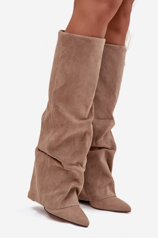 Bottes hautes femmes doublées avec inserts et talons en faux daim sable Elivira