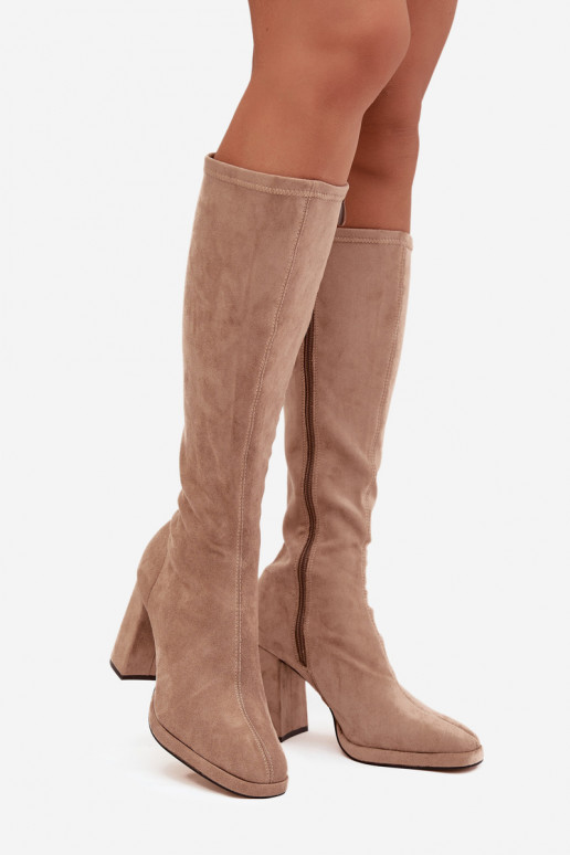 Bottes hautes femmes avec inserts sur talon carré sable Brivana