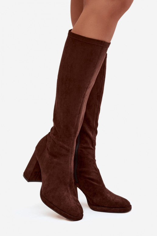 Bottes hautes femmes avec inserts sur talon carré marron Brivana