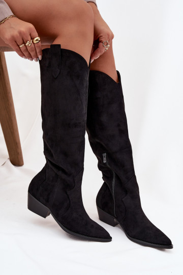 Bottes hautes en faux daim style cowboy avec talons noirs Jenaya