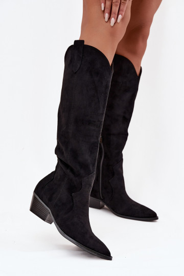 Bottes hautes en faux daim style cowboy avec talons noirs Jenaya 2