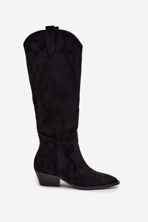Bottes hautes en faux daim style cowboy avec talons noirs Jenaya