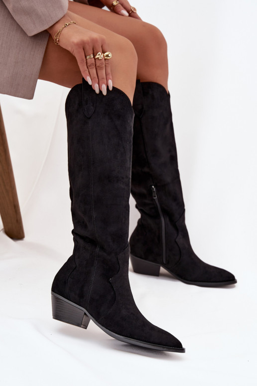 Bottes hautes en faux daim style cowboy avec talons noirs Jenaya