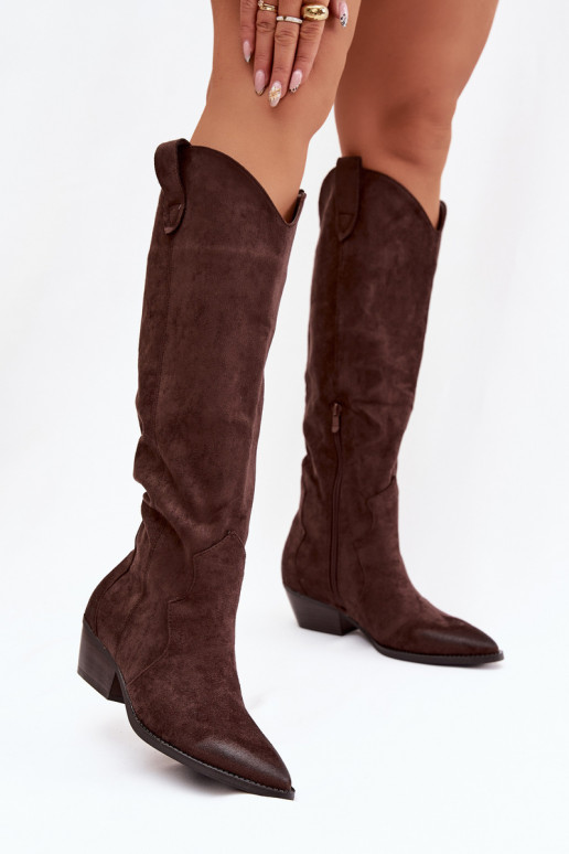 Bottes hautes en faux daim style cowboy avec talons chocolat Jenaya