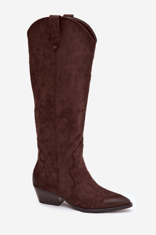 Bottes hautes en faux daim style cowboy avec talons chocolat Jenaya