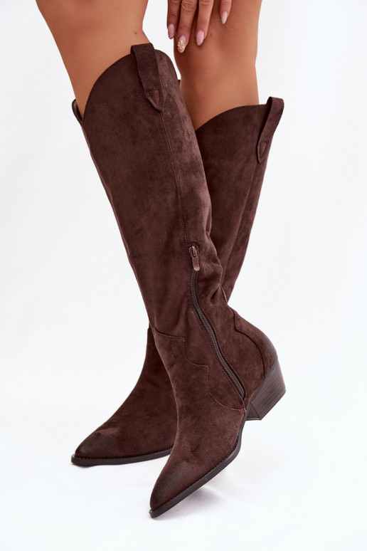 Bottes hautes en faux daim style cowboy avec talons chocolat Jenaya