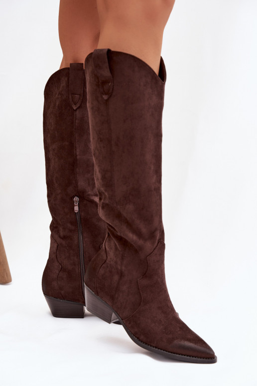 Bottes hautes en faux daim style cowboy avec talons chocolat Jenaya