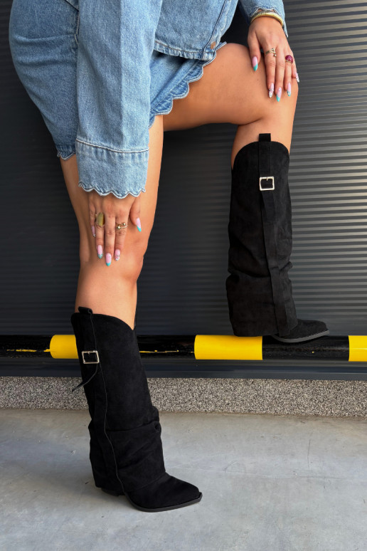 Bottes noires pour femmes jusqu'au genou avec talons et boucles Caster
